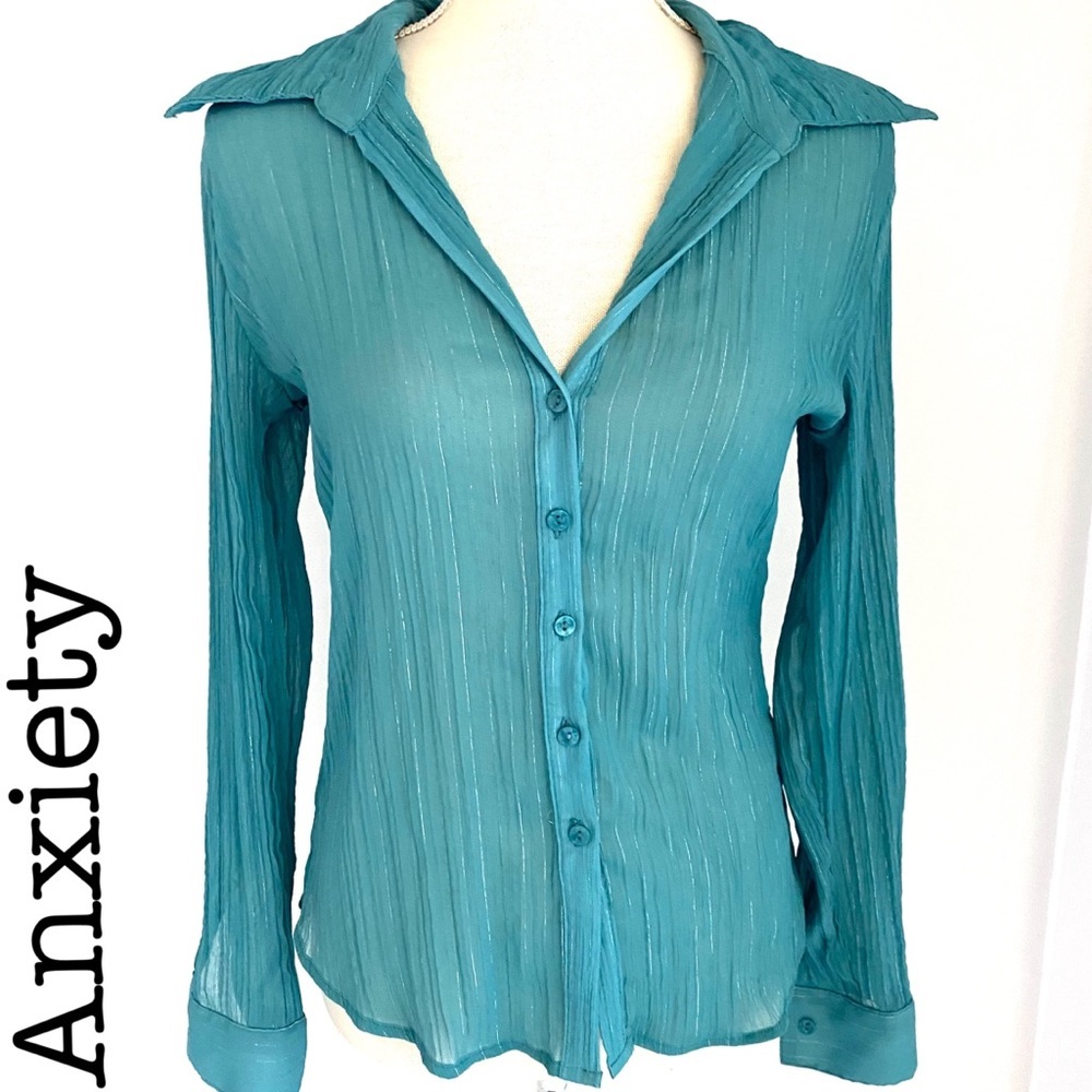Anxiety sheer/Shimmery Aqua Button down Blouse…